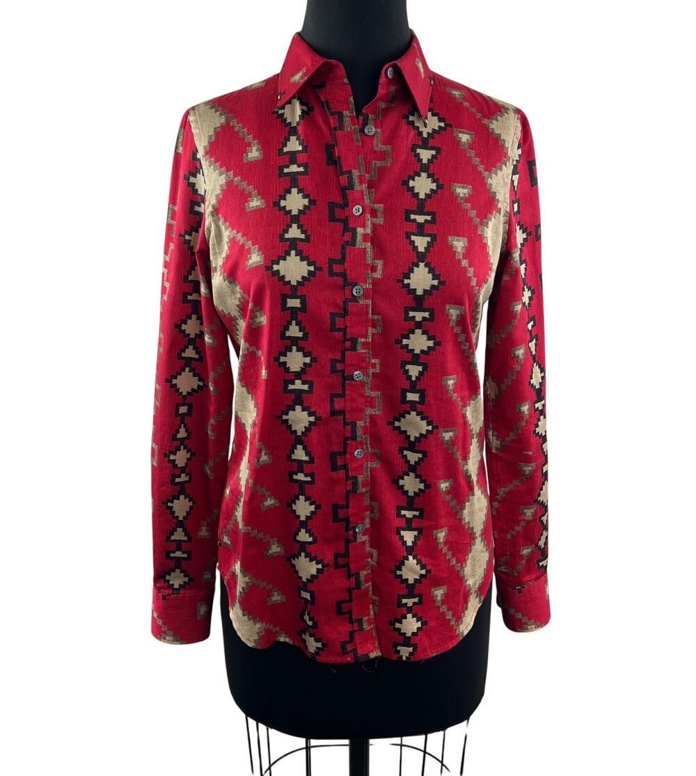 VINTAGE Lauren Ralph Lauren Red Southwestern Aztec Button-Up Shirt Size Small S